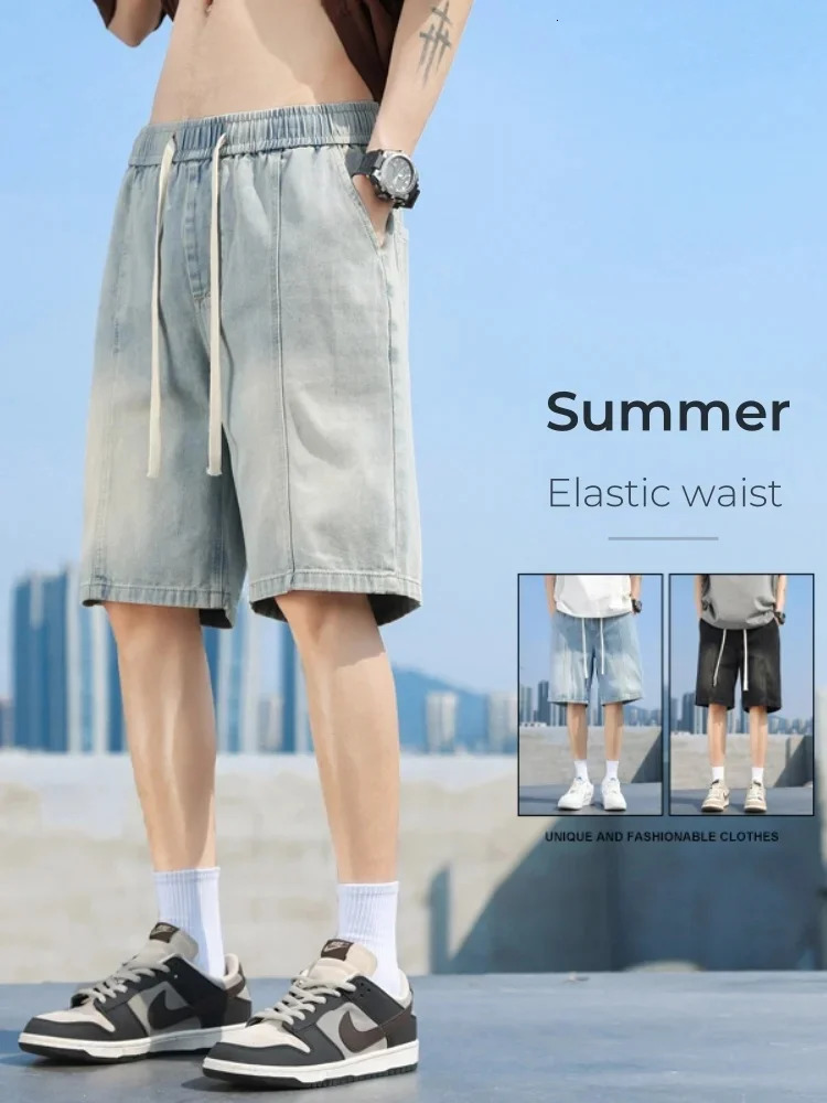 Retro fashion denim shorts mens streetwear loose straight leg casual with elastic waist brushed men 250313