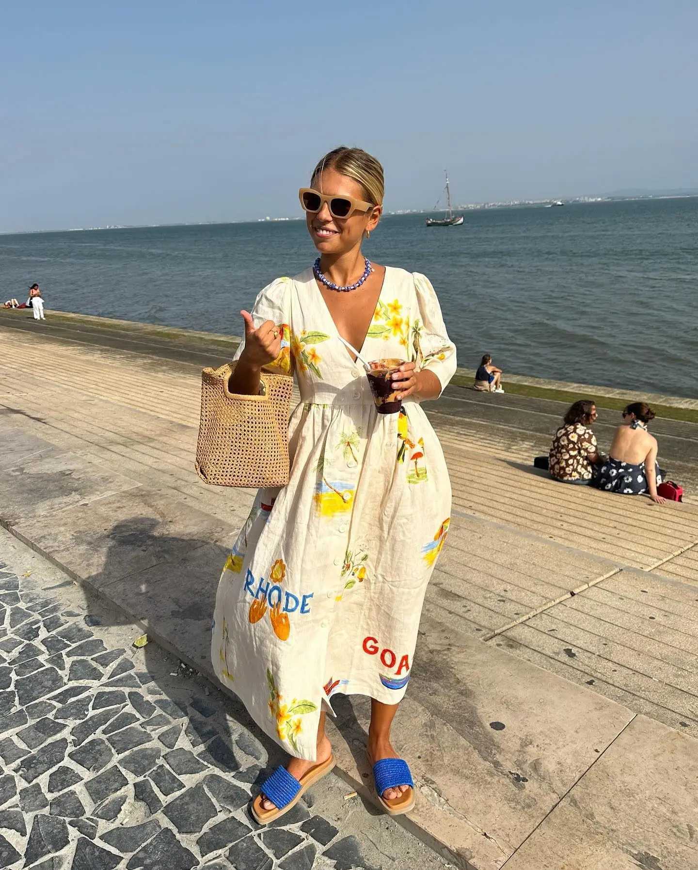 Urban Sexy Dresses Elegant Printed Dr Womens V-neck Puff Slve Loose Midi Womens Dress 2025 Summer Holiday Casual Womens Beach A-Line Vestitos Y2403121