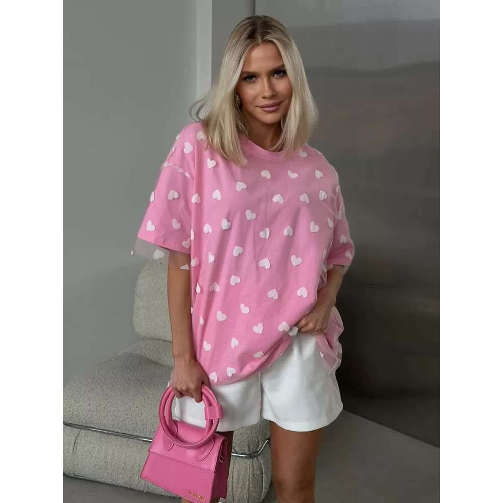 Heart Mesh Patchwork Vintage Streetwear Aesthetic Chic T Shirt Women Casual Cotton Short Sleeve Tops Y2k