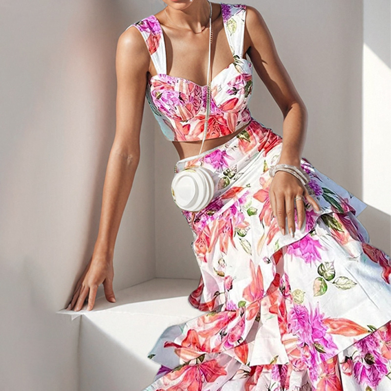 Women's Suit 2024 New Fashion Vacation Casual Printed Vest Skirt Two-Piece Set