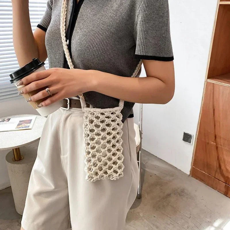 Women Fashion Small Crossbody Phone Bag Solid Color Hollow-out Woven Crochet Lightweight Braided Shoulder Handbag Crossbody Bags R250312