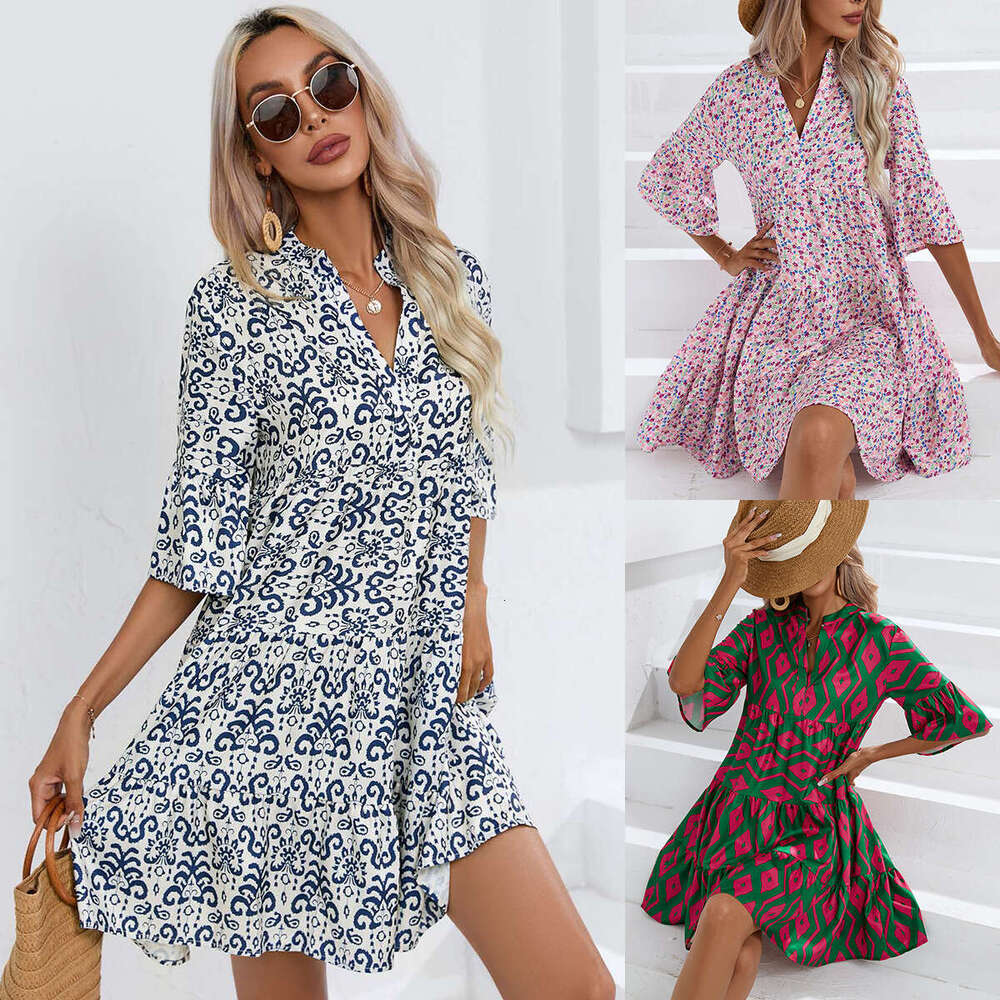 European American popular dress summer 2025, loose V-neck casual short skirt for women's clothing, 2025 new style, chic and elegant clothing