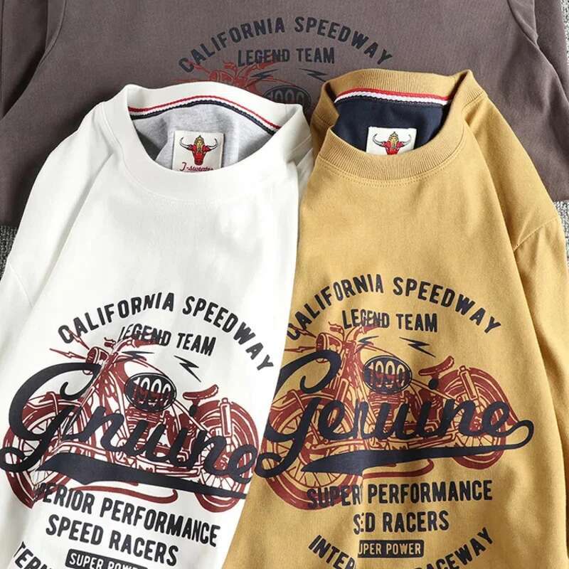 Autumn New Retro Hong Kong Style Pure Cotton Round Neck Long Sleeve T-Shirt Men's Motorcycle Letters With A Base Shirt