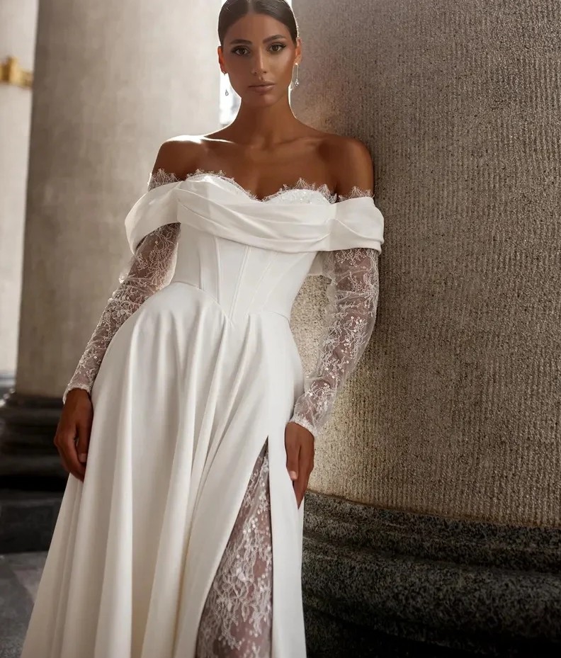 Princess A-Line Wedding Dress 2025 Off The Shoulder Long Sleeves Sweetheart Lace Applique Boho Beach Bridal Gown Vestido De Novia