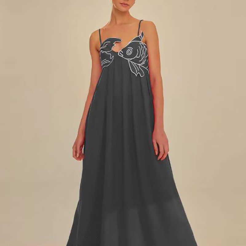 Urban Sexy Dresses 3D Fish Embroidered Folded Strap Dr Womens Spring Strap Hollow Party Long Dr Summer Back Zipper Boho Dr Y240312CVXY