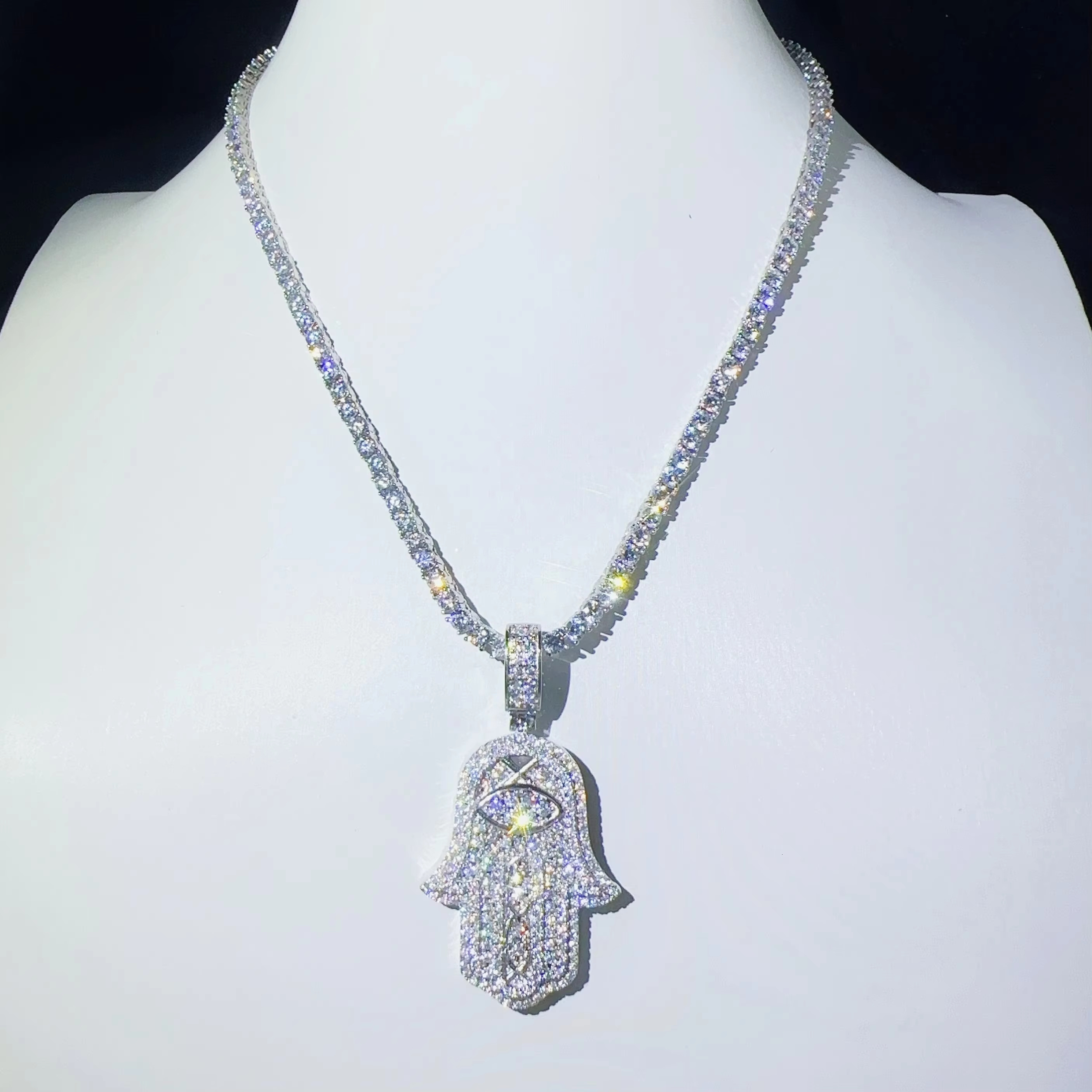 Pass Diamond Tester 925 Sterling Silver Jewelry Full Moissanite Hamsa Hand Pendant VVS Diamond Chain