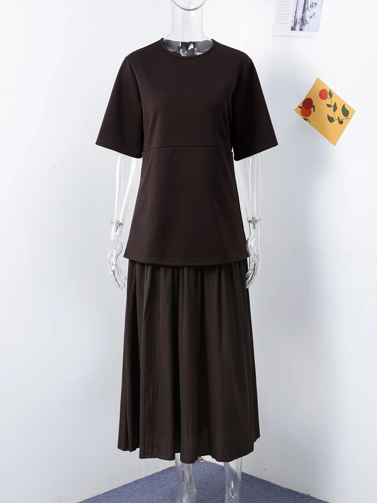Elegant patch work long dress womens brown knitted Oneck half sleeved ultrathin pleated springsummer high street robe 250313