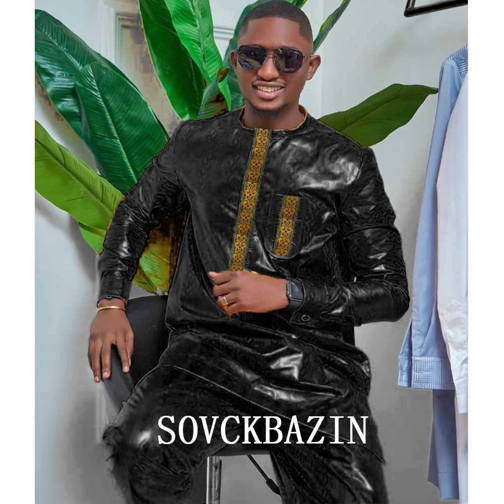 African Mens Top 2-piece Bazin Riche Mens Traditional Embroidered Shirt with Trouser Wedding Nigerian Robe X250313