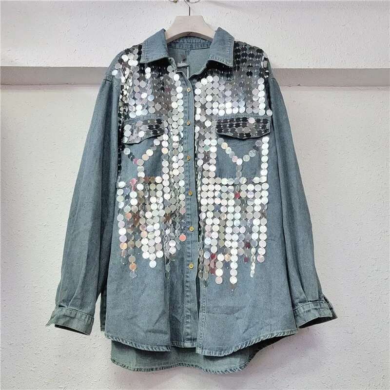Chic Sequins Denim Spring Loose Jeans Beading Blouse Single Breasted Cowboy Cardigan Crop Tops Blusas