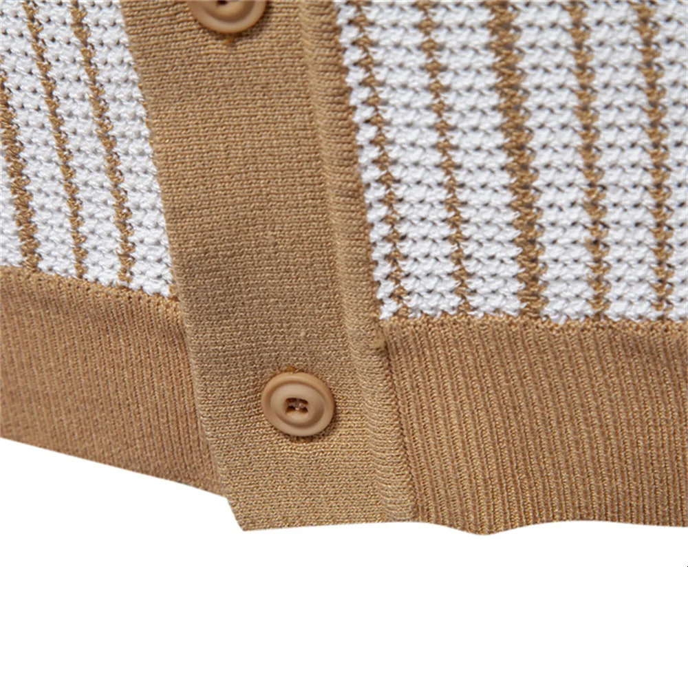 AIOPESON Mens Striped Mesh Polo Shirt Breathable Contrast Panel Knitted Top with Collar 250313