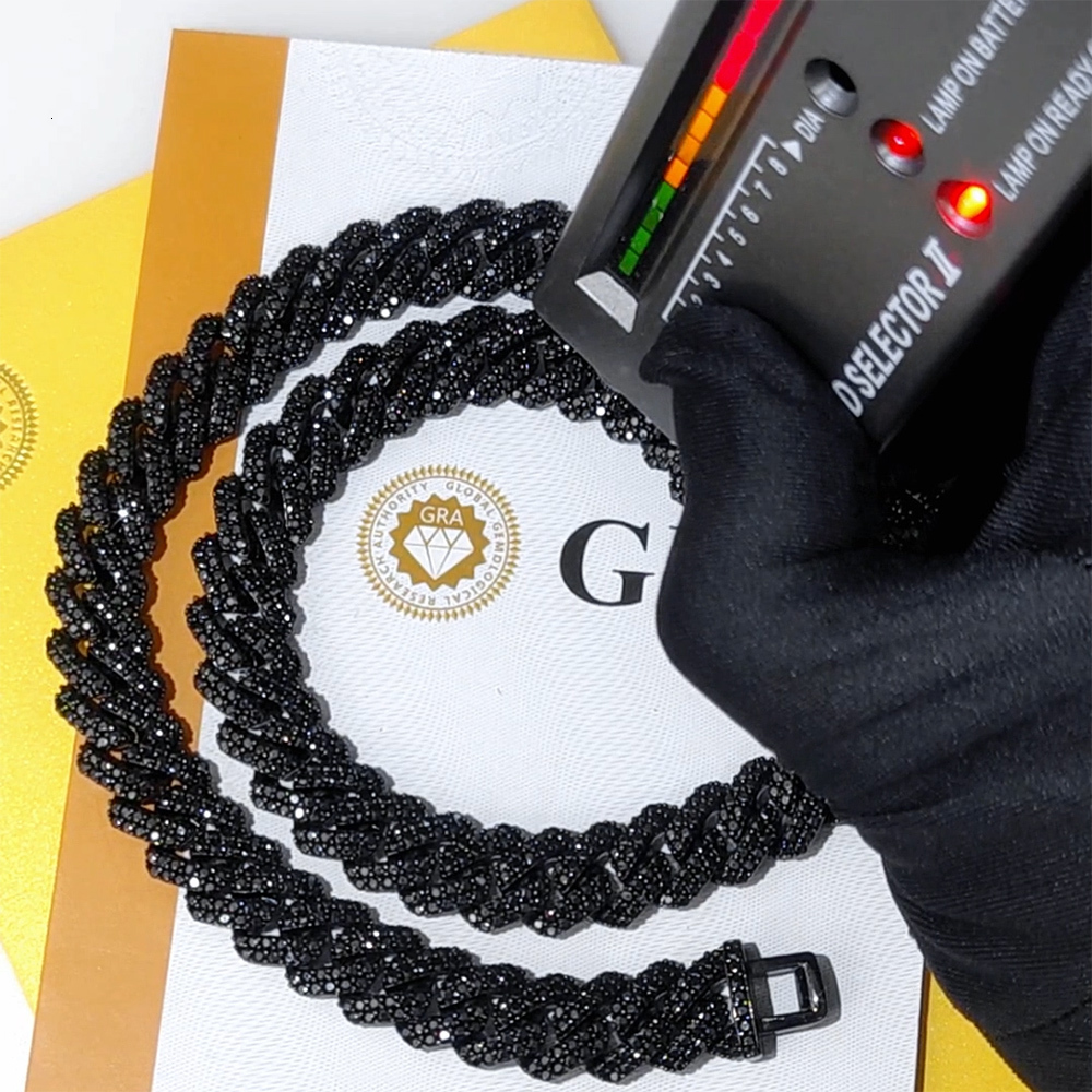 Hip Hop Jewelry Custom Black Plated Cuban Chain 10/12mm Ice out 925 VVS Black Moissanite Cuban Link Chain Necklace for men
