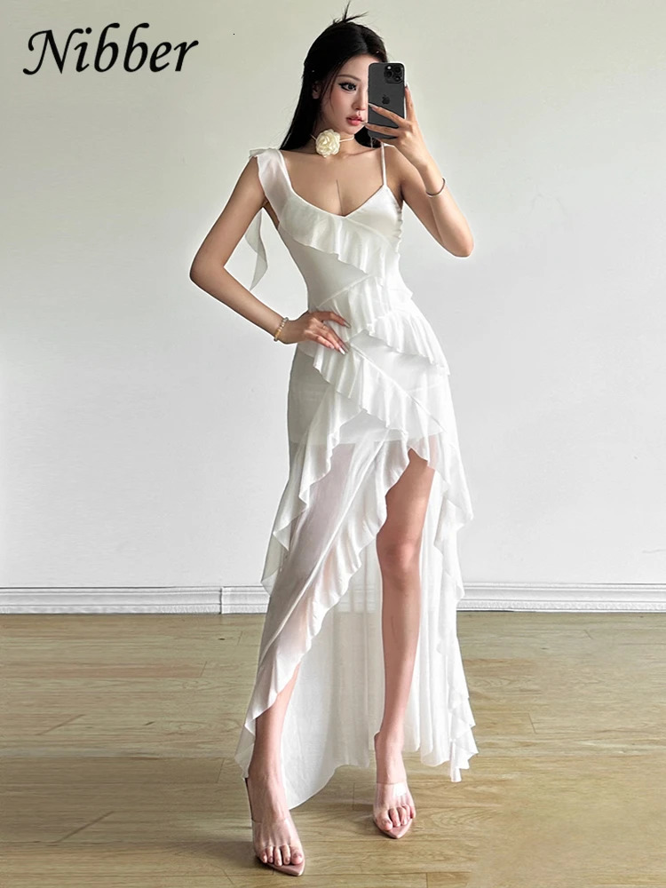 Nibber White Sweet Mature Ruffles Beautiful Summer Street Out Womens Thin Perspective Tassel n Long Strap Dress 250313