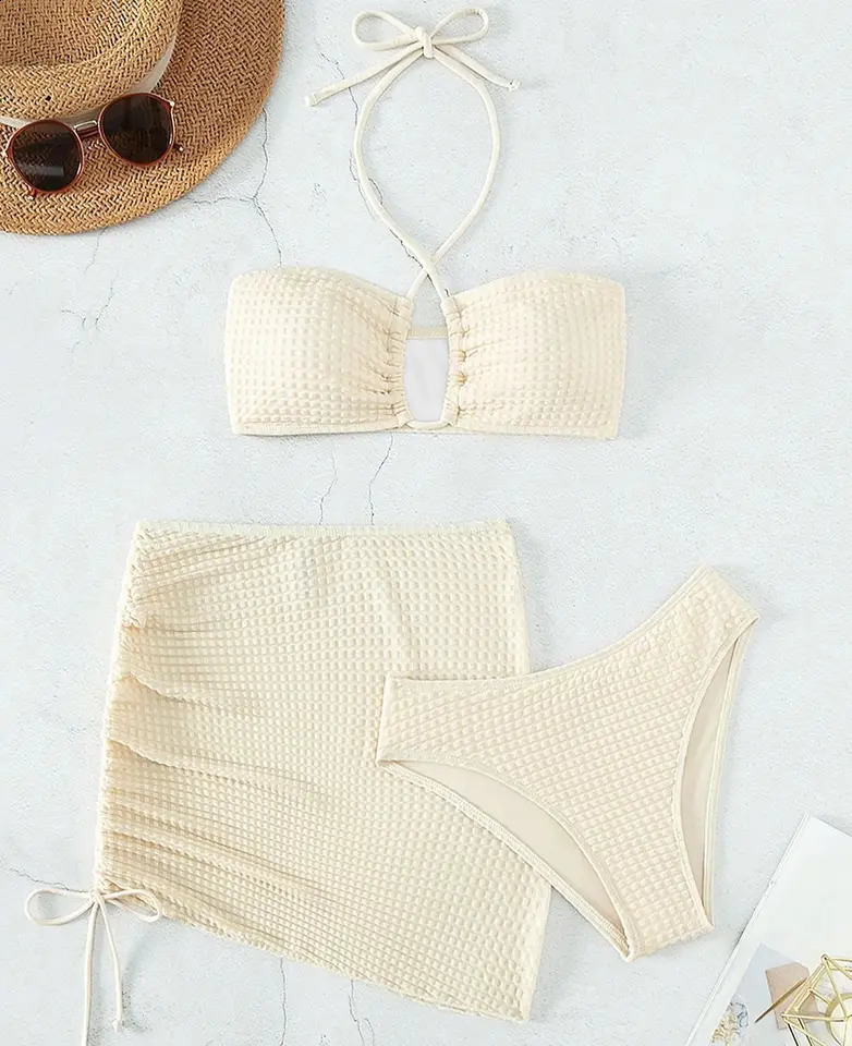 3piece bikini set in beige color sexy hanging collar swimsuit for women side pull rope womens beach 250313