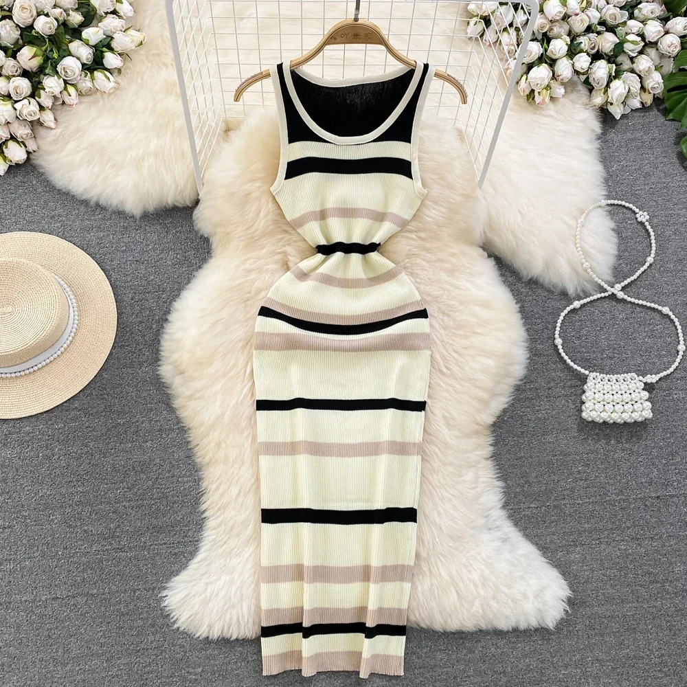 Fashion striped Oneck knitted elastic body dress sexy beach vacation Sundress womens casual ultrathin pencil Vestdos Maxi long 250313
