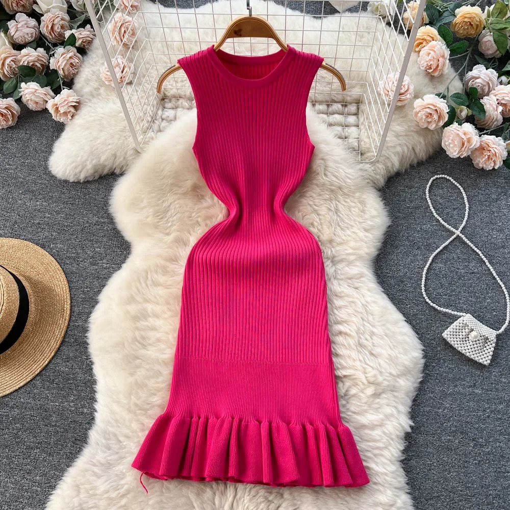 Summer Knitted Tight Sexy Dress Oneck Sleeveless Ruffle Party Sundress High Street Elastic Ultra Thin Short Skirt 250313