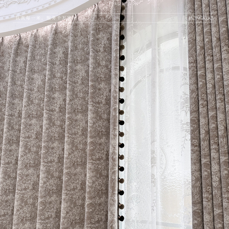 T0385 French Rose Story Rose Manor Curtain Yarn-dyed Jacquard Chenille Blackout Curtain with Pine Cone Pom Poms