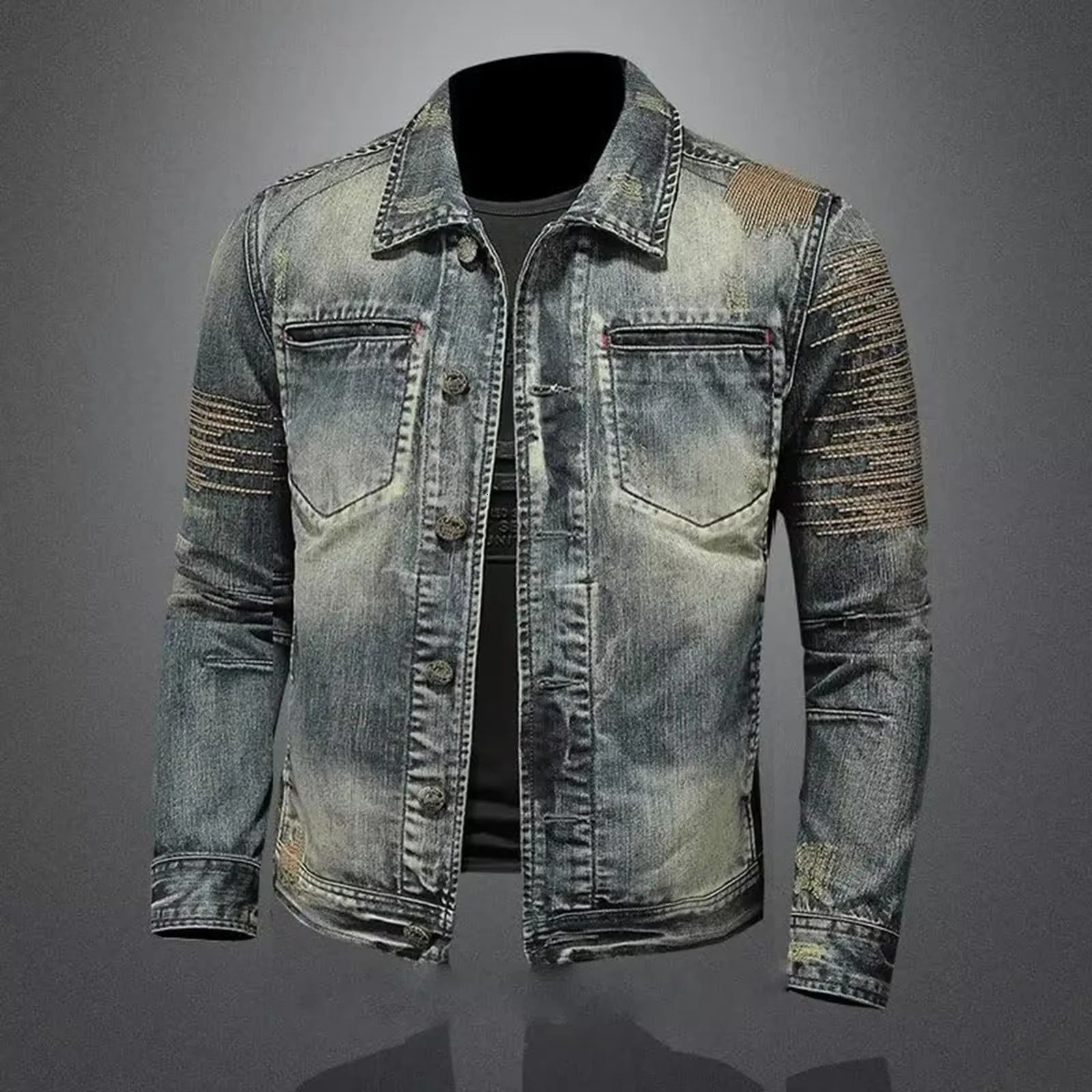 Retro denim jacket with zipper standing cotton slim fit winter mens 250313
