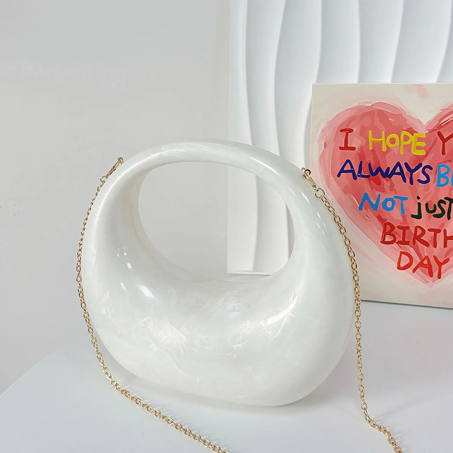 White Marble Acrylic Evening Clutch Bag for Woman Party Wedding Half Moon Glossy Shell Handbag Lady Shoulder Purse 250305