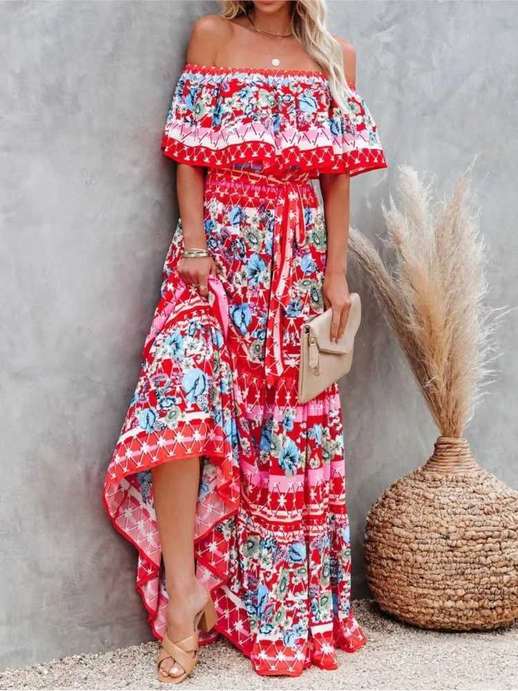 Urban Sexy Dresses Summer Women Print Boho Dr Fashion Slash Neck Maxi Dres for Femme Casual Elegant Party Vestitos Robe 2025 New Female Y2403126LY2