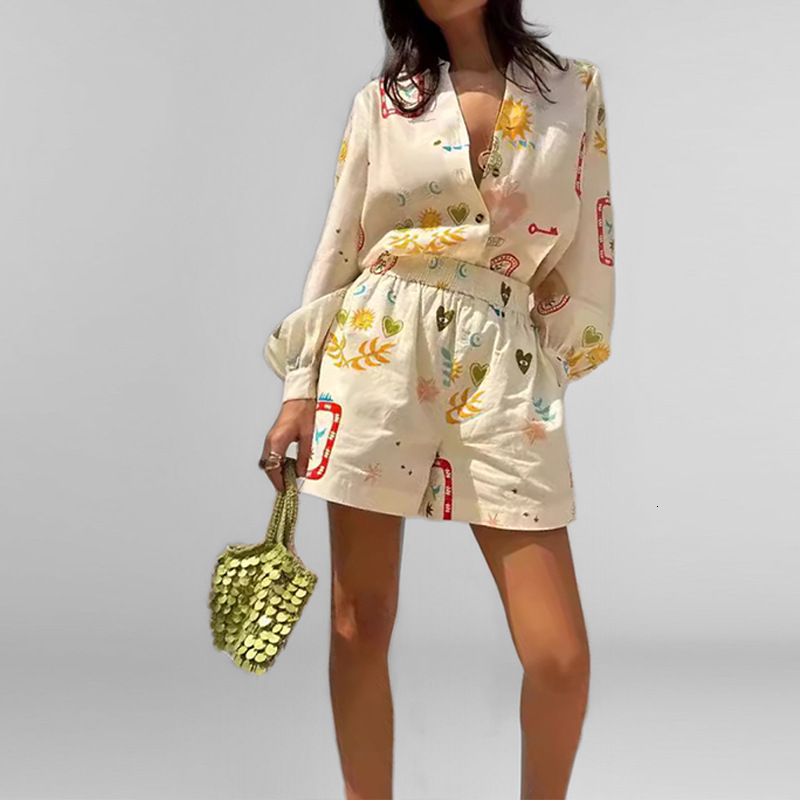 2025 Temperament Women's Abstract Printed Short Sloping Shoulder Top With Slit Skirt Fashion Set 661