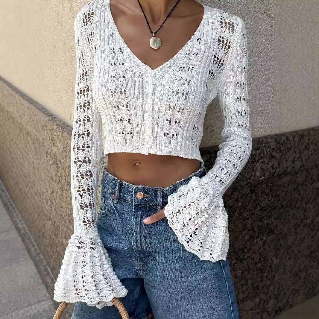 Women's Knitted Cardigan New Solid Color Long Sleeve V-Neck Cropped Top European American Cross-Border Style Fashion Clothing
