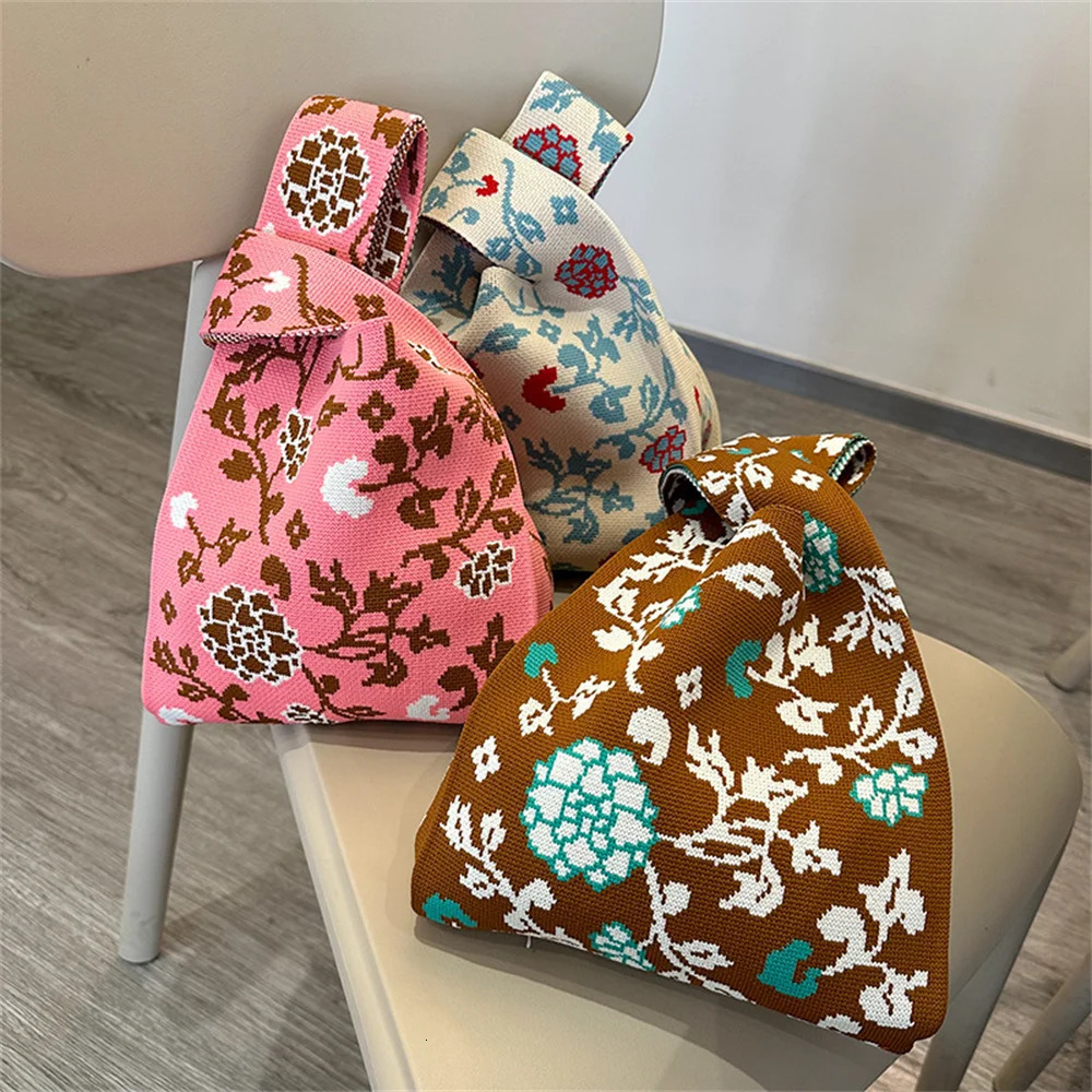 Retro Knitted Bags Large Capacity Floral Women Handbag Fashion Woven Shopper Purse Mini Knot Wrist Bag Reusable Student Tote Bag R250312