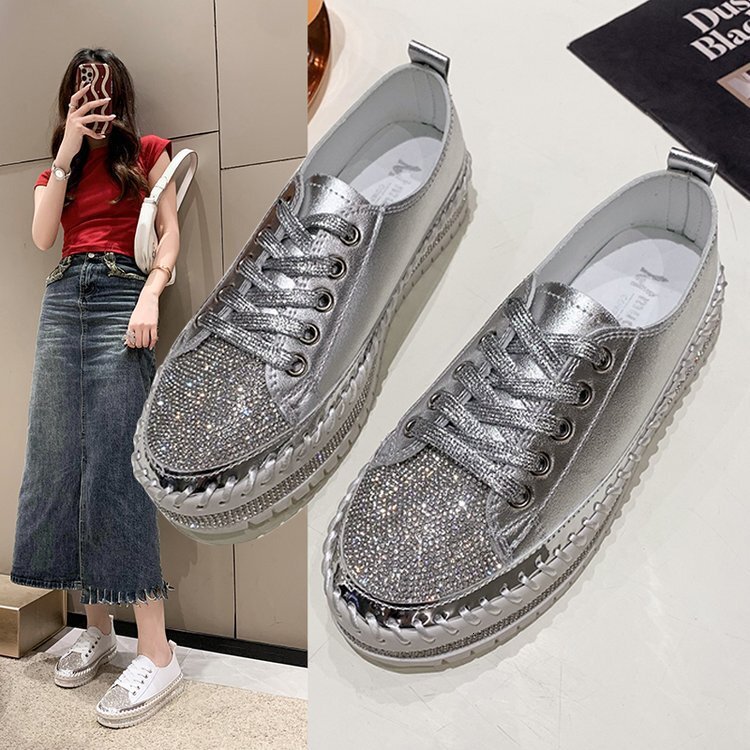 2025 New White Women's Designer Trendy Fashion Diamond Inlaid Sponge Cake Thick Bottom Shining Edge Fashion Board Shoes