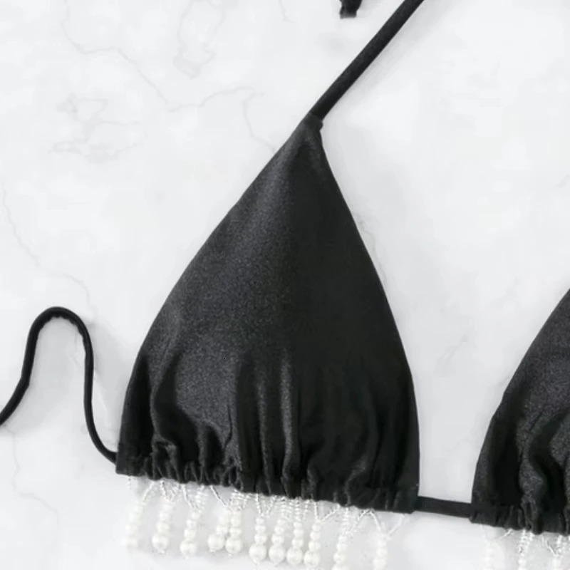 Pure Color Split Swimsuit Black Laceup Fringed Bra Breathable Comfortable Highwaisted Briefs Outer Gauze Skirt Threepiece Set 250311