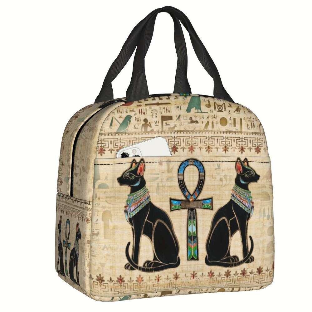Egyptian Cat Hieroglyphic Lunch Bag, Vintage Oxford Cloth Insulated Cooler Tote, Animal Theme Cydrical Bento Box Alternative, Hand Wash, for Office, T