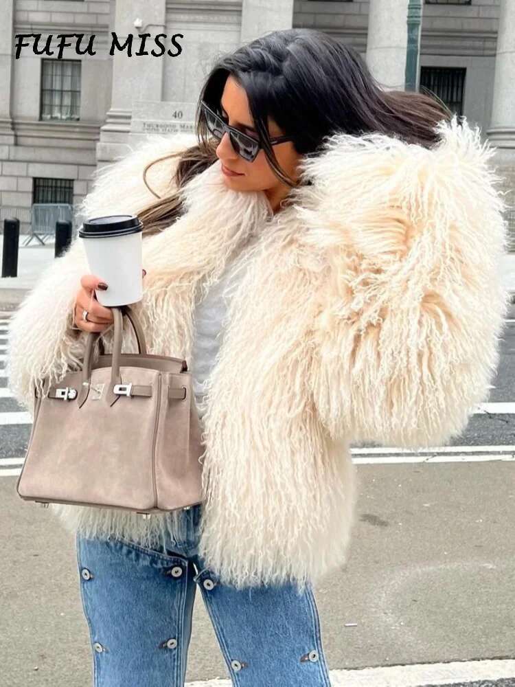 Fluffy Faux Fur Coat Women Solid Lapel Long Sleeve Loose Thicken Jacket Overcoats 2024 Winter Lady Fashion Warm Outwears