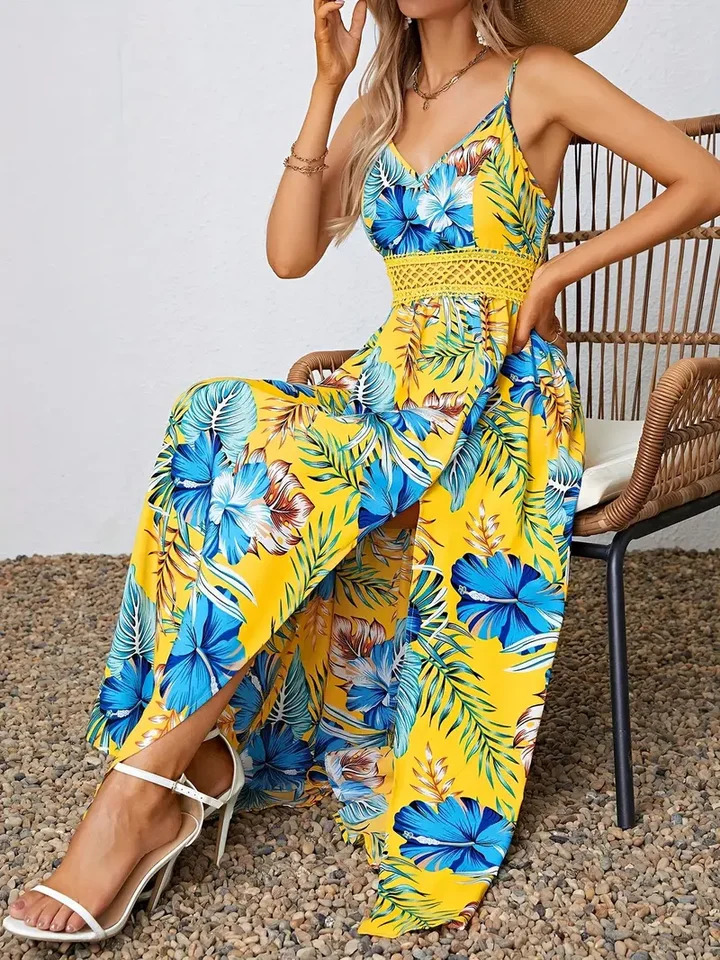 Floral Bohemian Women Dress Summer Vacation Beach Sundress Fashion Korean Female Clothing Slim Elegant Sexy Long Skirt M XL 250313