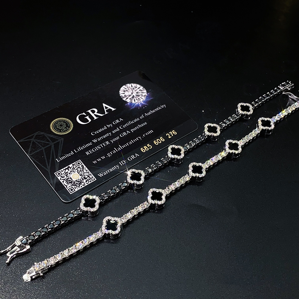 3mm S925 silver Moissanite Black Agate Clover Tennis Chain Bracelet Iced Out for Men Hip Hop Jewelry Pass Diamond Tester WithGRA