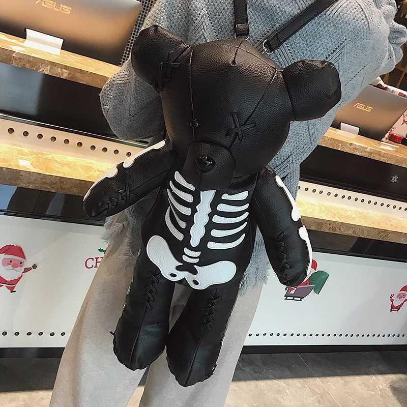 62cm Skeleton Bear Female Backpack Designer Casual Personality Skull Stitches Backpack Doll Cute Red Black Bears School BagT250313