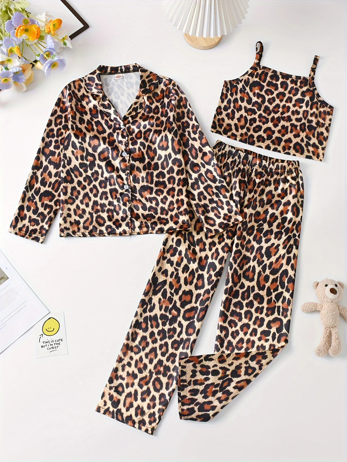 3-Piece Girls Leopard Print Satin Pajama Set - Soft Comfortable Loungewear with Button Up Lapel Collar Blouse Cami Top Pants 250312