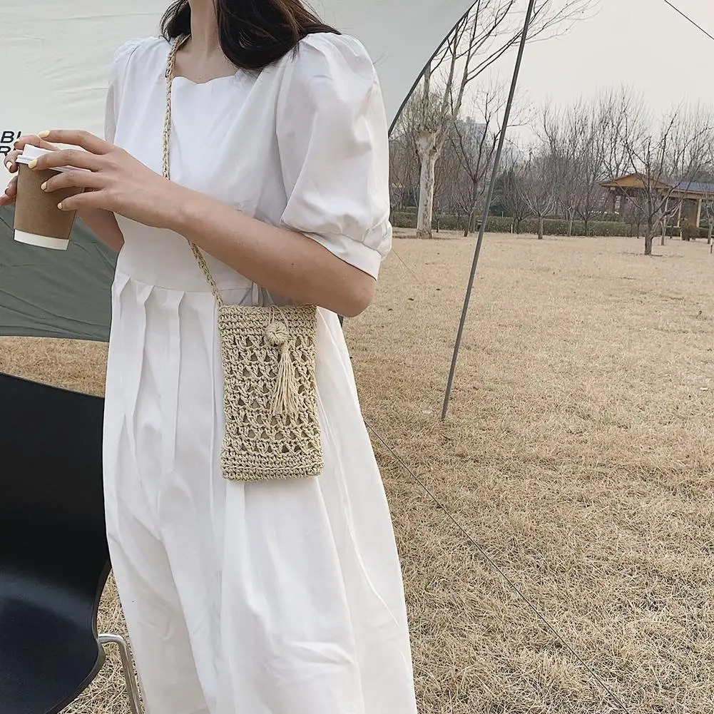 Female Vintage Crossbody Phone Bag Straw Rope Hand-woven Vacation Mini Purse Women Casual Mobile Phone Pouch Streetwear R250312