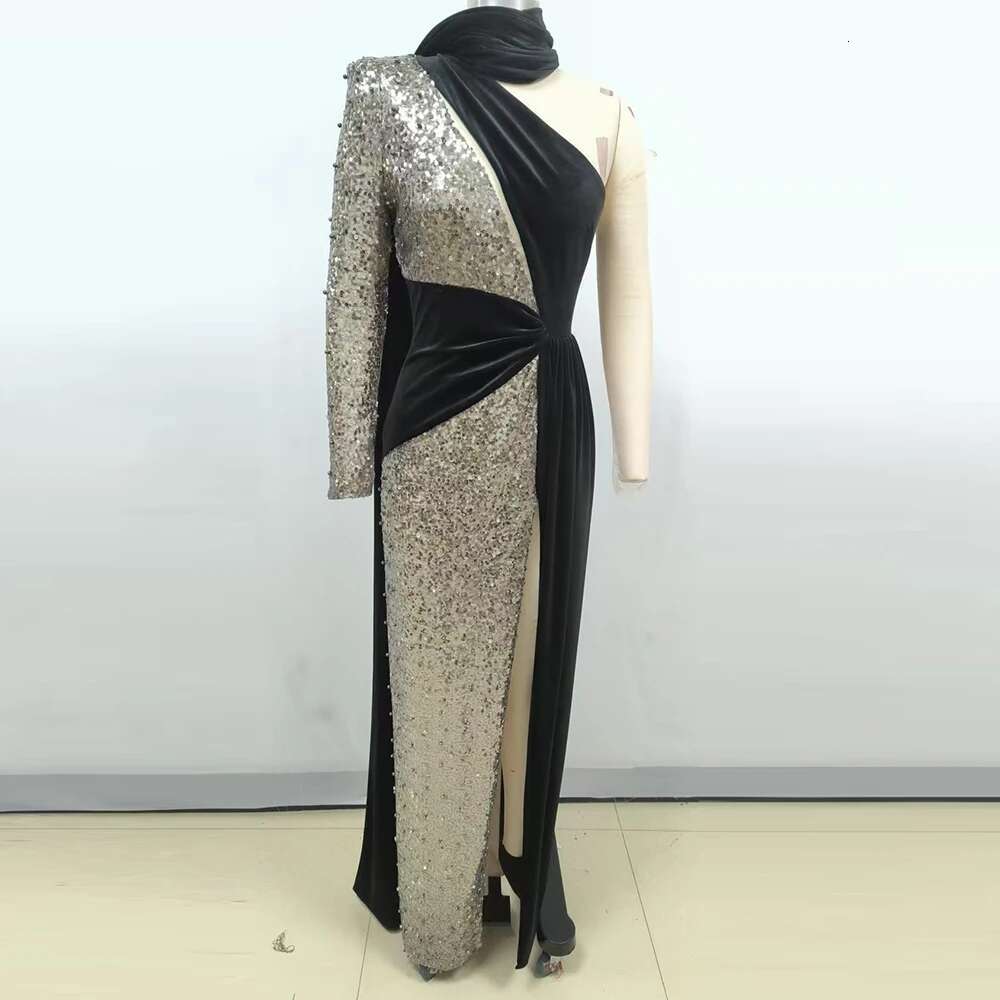 Hit Color Dresses For Women Halter One-Shoulder High Waist Patchwork Sequins Split Dress Female Fashion Clothing