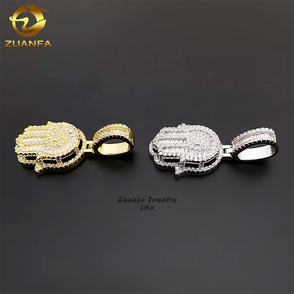 Hip Hop Jewelry baguette Diamond 925 Sterling Silver Gold Plated Charm Moissanite Hamsa Pendant