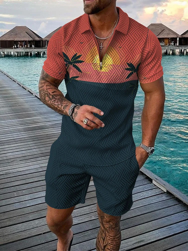 Summer Hawaii 3D printed polo shirt shorts set mens fashion oversized short sleeved pants sportswear 250313