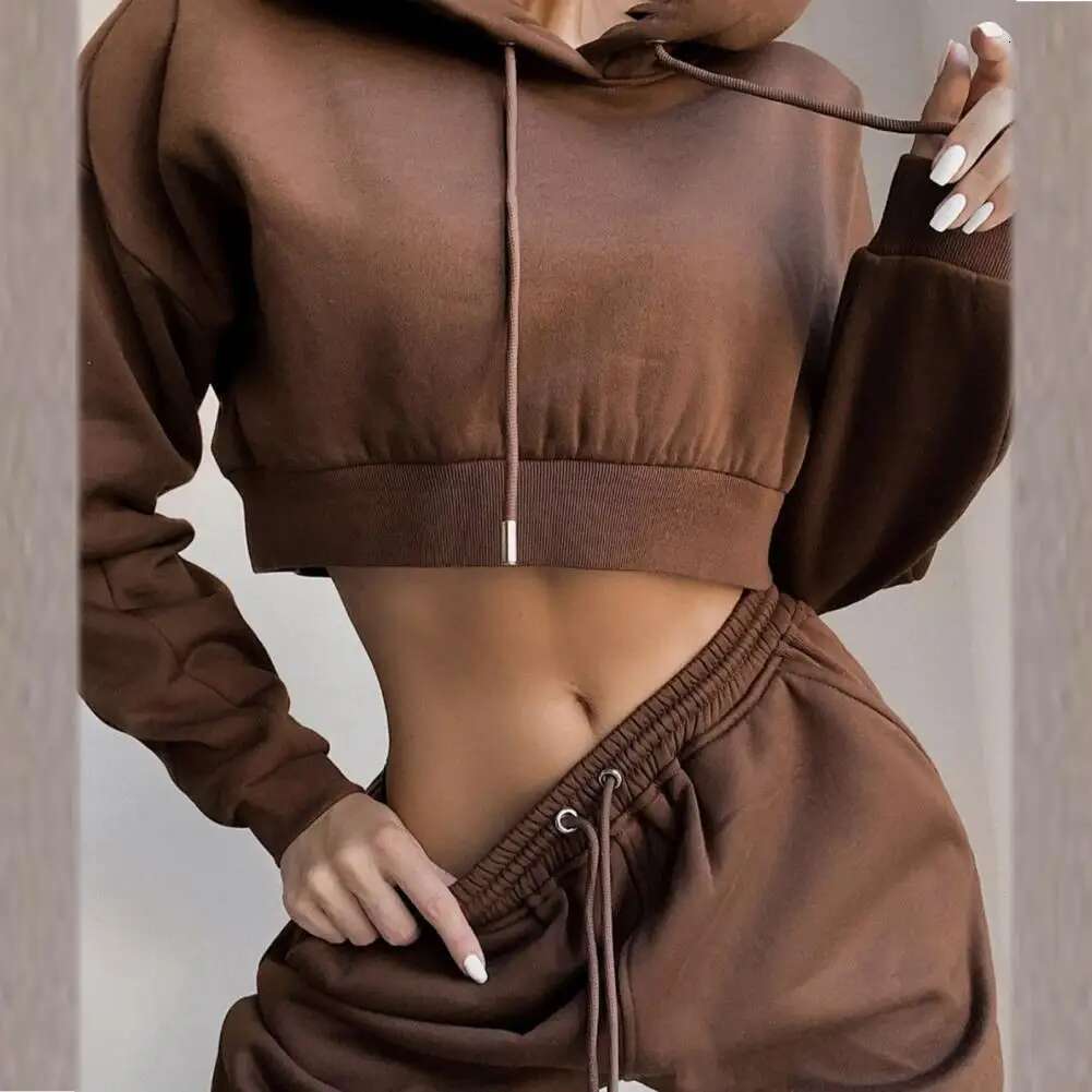 White Autumn Sexy Pants Set Tracksuit Hooded Drawstring Women Long Sleeve Crop Top Hoodies Pockets Trousers For Sports
