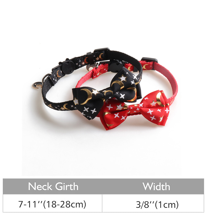 Cat Collar with Bow Tie and Moon Charm, Small Cat Kitten Gold Moon and Star Process Printing Collar Breakaway Adjustable Collar for Boys and Girls Cat