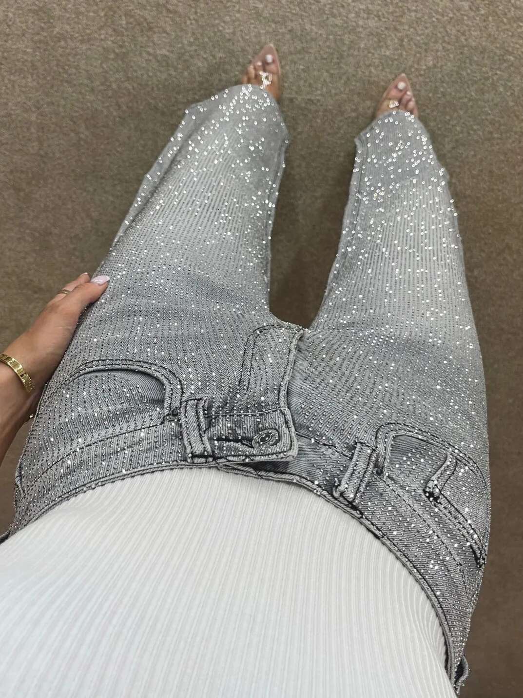 JHJN Jeans For Flash Of Light Girl Quality Hot Stamping Street High Waist Wide Leg Pants Women Brand