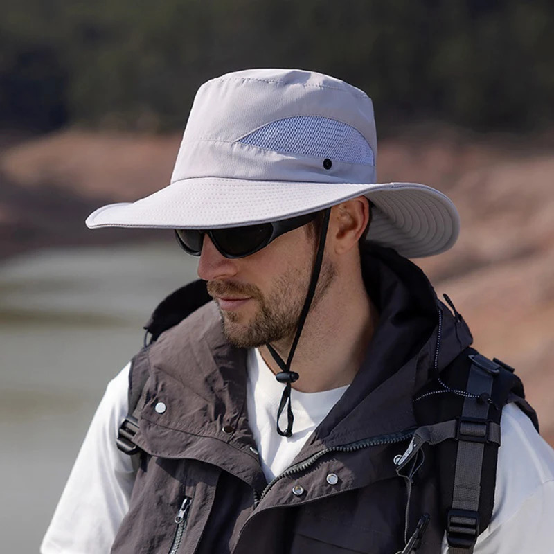 Mens Breathable Mesh Fisherman Cap Summer UV Protection Wide Brim Bucket Hat Women Outdoor AntiUV Fishing Hiking Sun 250304