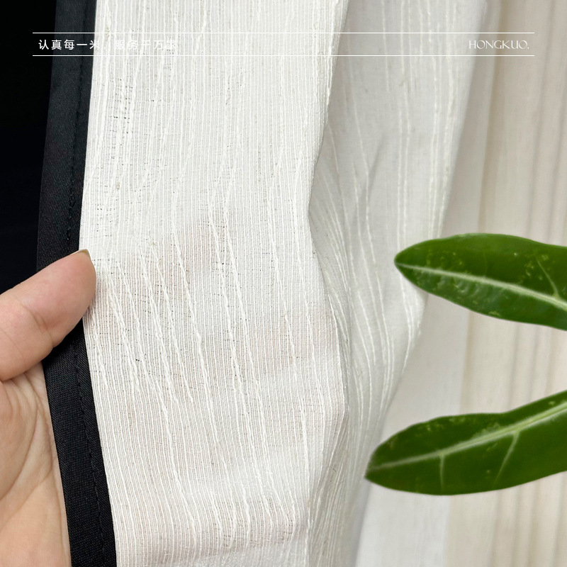 C343 Fufeng yarn linen color cotton and linen texture vertical stripes jacquard 3.2 width light-transmitting and opaque black edge shape Curtain