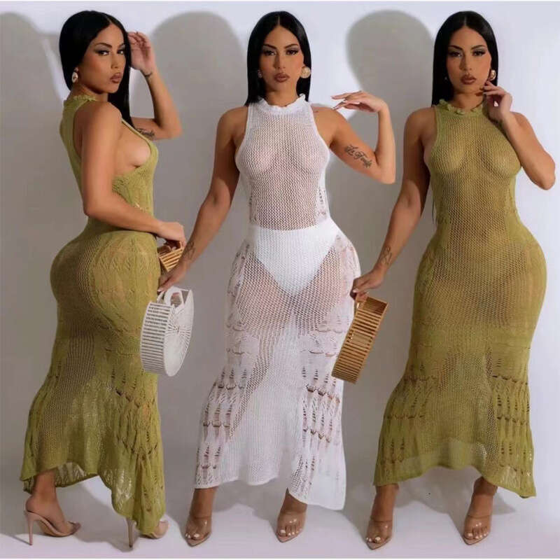 Hollow Mesh Sweater Style Vacation Sexy Long Skirt Knitted Slit Dress Summer