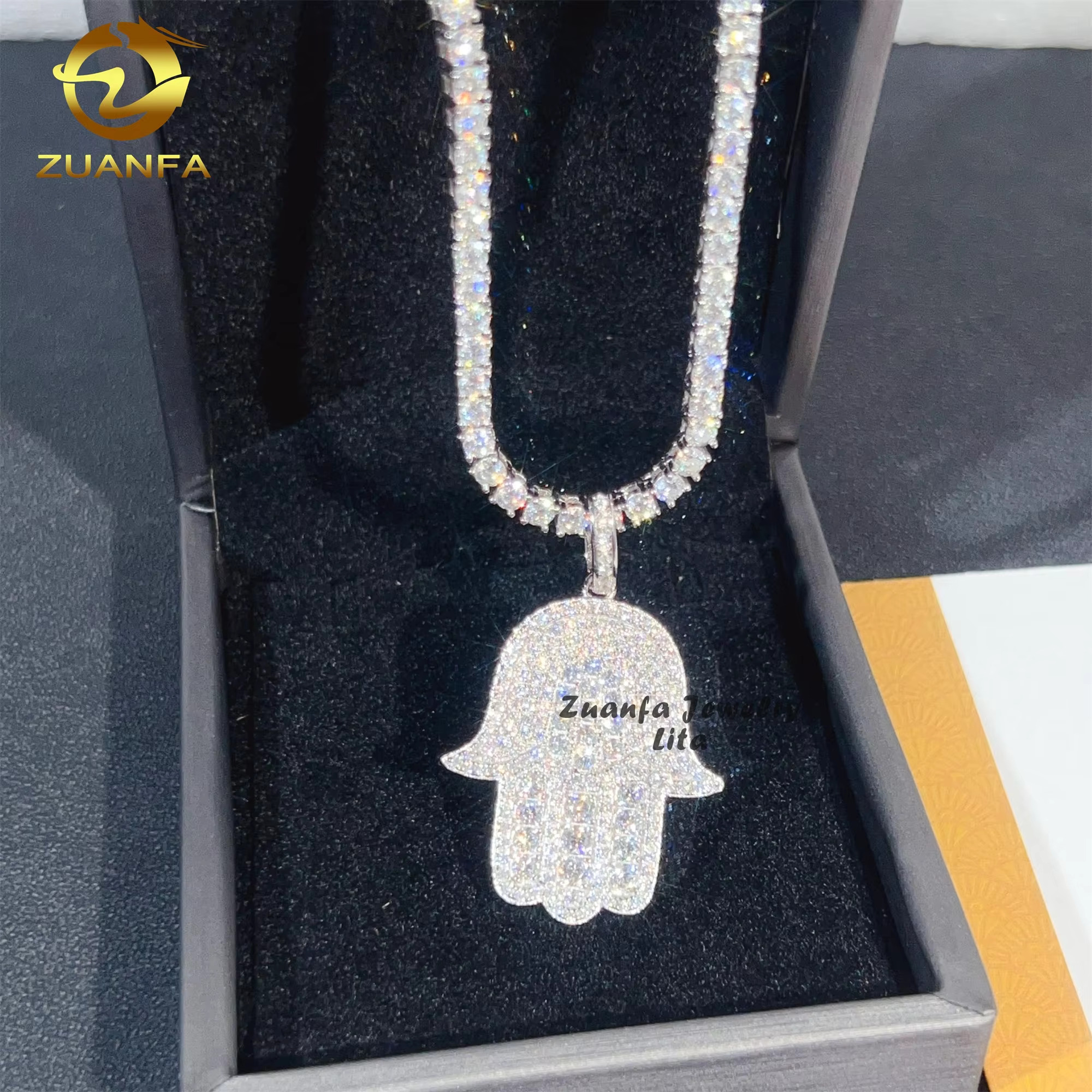 Hip Hop Fashion Rapper Charm 925 Sterling Silver Iced Out Diamond Moissanite Hamsa Hand Pendant