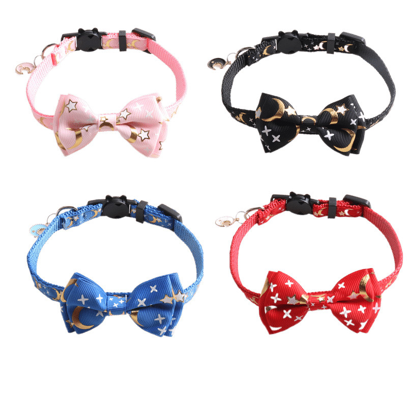 Cat Collar with Bow Tie and Moon Charm, Small Cat Kitten Gold Moon and Star Process Printing Collar Breakaway Adjustable Collar for Boys and Girls Cat