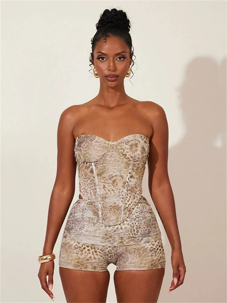 kliou Animals Print Matching 2 Piece Set Women Summer Strapless Crop TanksStacked Skinny Shorts Female Hipster Streetwear 250312