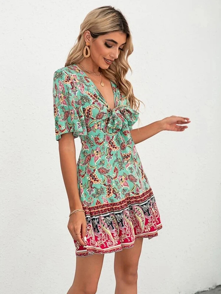 Womens summer fashion casual print Vneck Aline big hem lace waist bohemian long sleeved fashionable mini dress for sale 250313