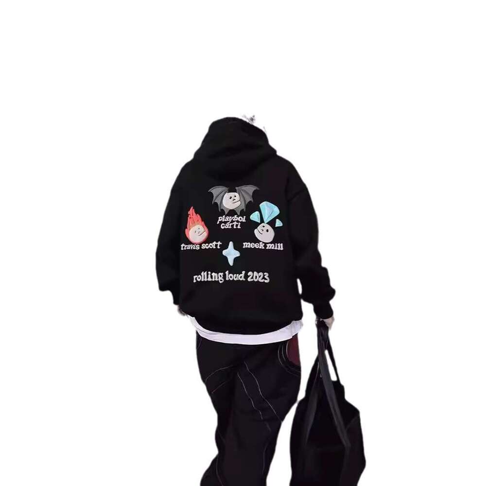 Street Black Hooded Pullover Sweatshirt Men's Cotton Hoodie Roll Cloud Skull foam Print