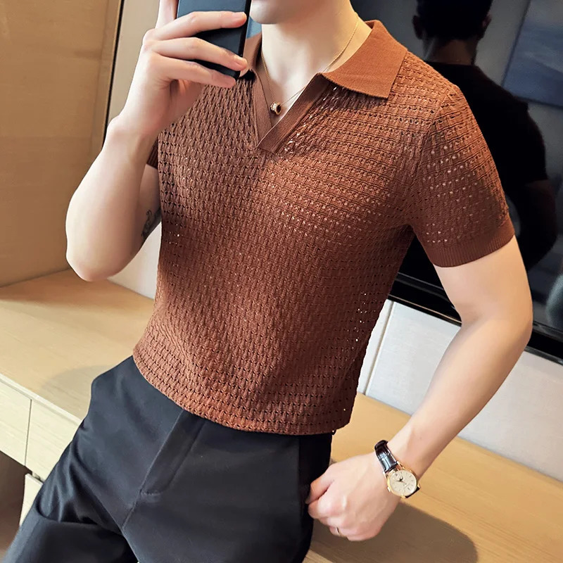 Purple mens Vneck polo shirt daily casual short sleeved top fashionable hollow knit 3XLM 250313